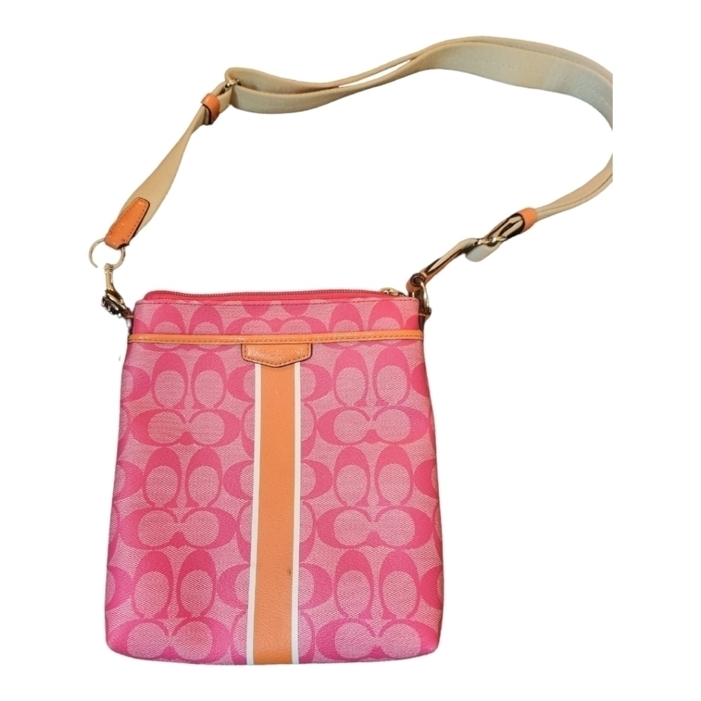 COACH pink signature,  orange stripe crossbody bag with tan fabric strap